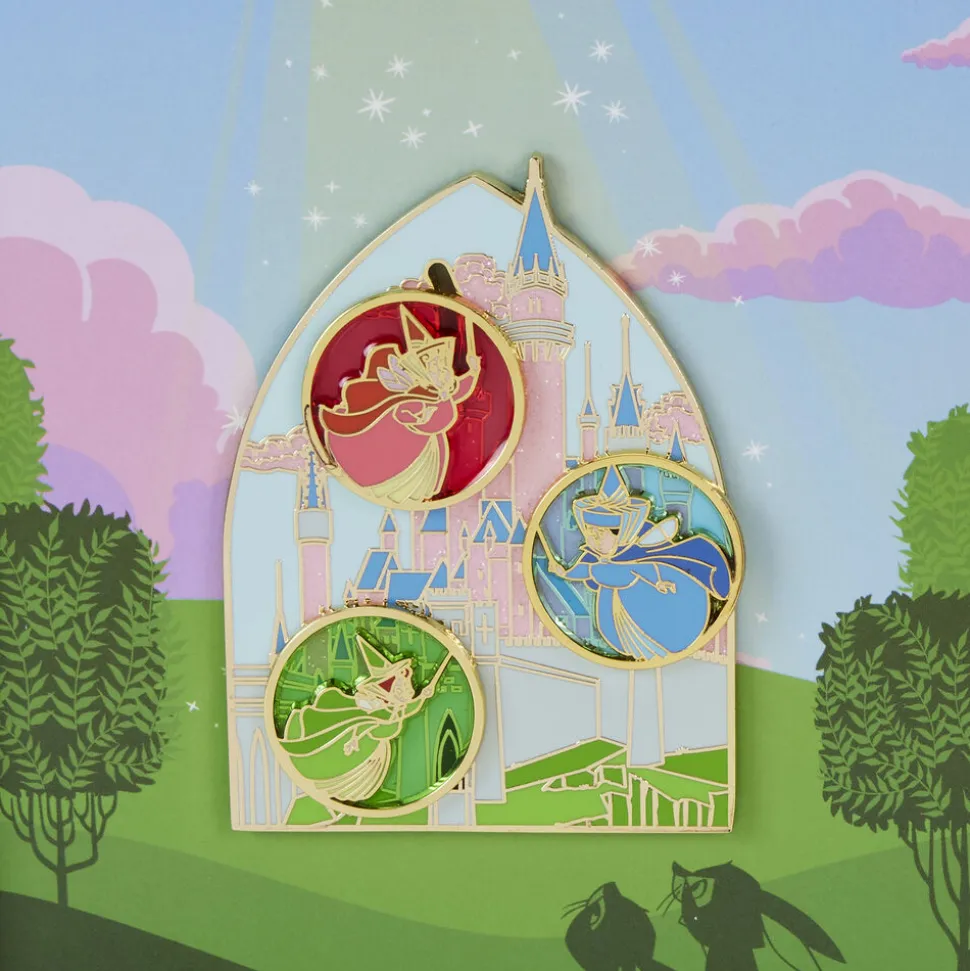 Disney Enamel Pins<Sleeping Beauty Castle Three Good Fairies Stained Glass 3" Collector Box Sliding Pin